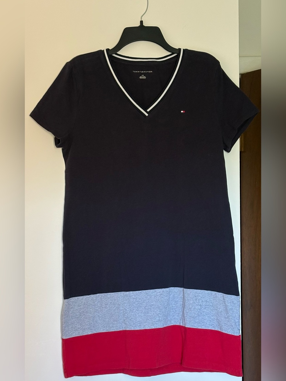 Tommy Hilfiger Casual V-Neck Colorblock Mini T-Shirt Dress - Navy/Gray/Red L